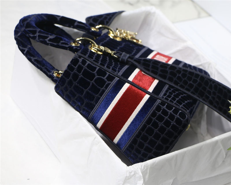 MEDIUM LADY D-LITE BAG Crocodile-Effect Embroidered Velvet Blue High