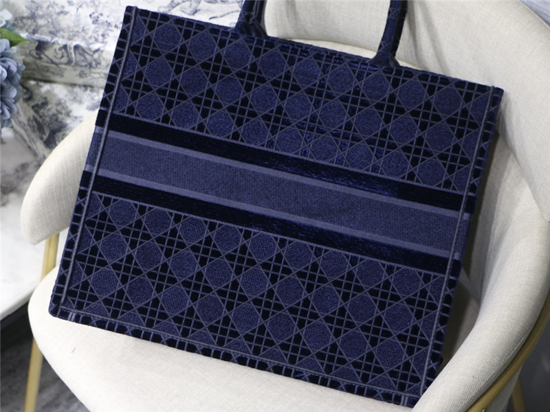 LARGE Dior BOOK TOTE Velvet Cannage Embroidery Denim Blue High