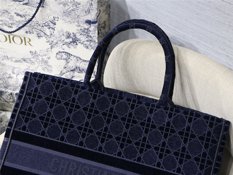 LARGE Dior BOOK TOTE Velvet Cannage Embroidery Denim Blue High