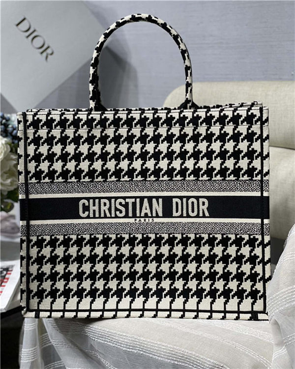 LARGE Dior BOOK TOTE Houndstooth Embroidery Black and White High