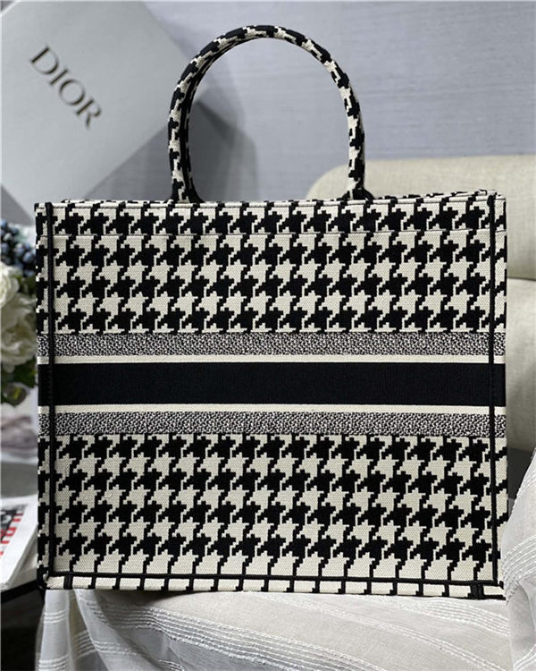 LARGE Dior BOOK TOTE Houndstooth Embroidery Black and White High