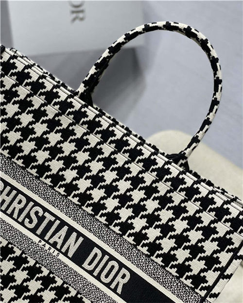 LARGE Dior BOOK TOTE Houndstooth Embroidery Black and White High