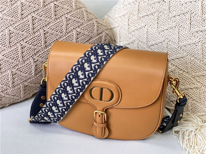 LARGE Dior BOBBY BAG Box Calfskin with Blue Dior Oblique Embroidered Strap Camel High