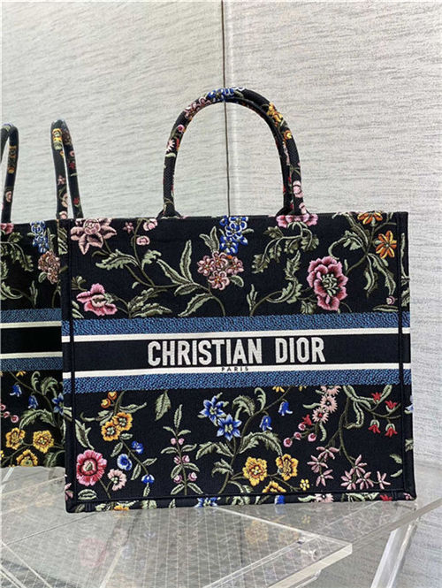 LARGE Dior BOOK TOTE Dior Petites Fleurs Embroidery Black High