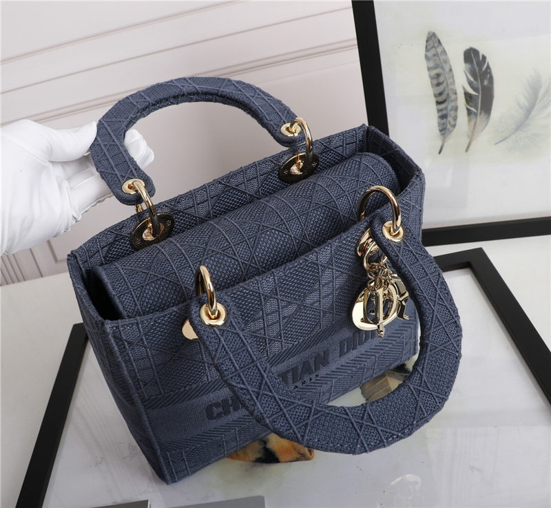 MEDIUM LADY D-LITE BAG Cannage Embroidery Dark Denim Blue High