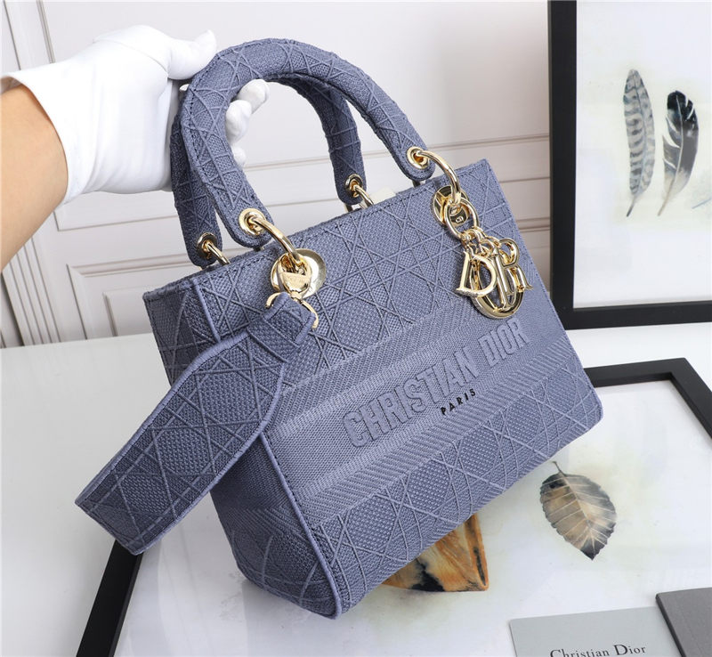 MEDIUM LADY D-LITE BAG Cannage Embroidery Denim Blue High