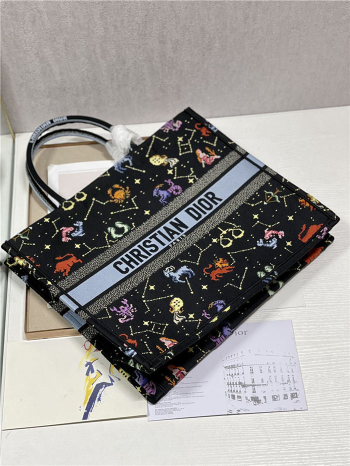 LARGE Dior BOOK TOTE Dior Pixel Zodiac Embroidery Black High