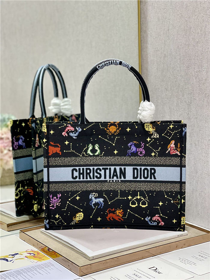 MEDIUM Dior BOOK TOTE Dior Pixel Zodiac Embroidery Black High