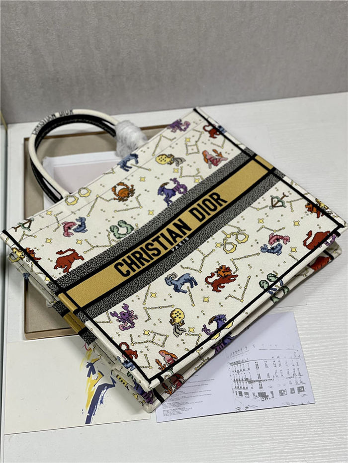 LARGE Dior BOOK TOTE Dior Pixel Zodiac Embroidery White High