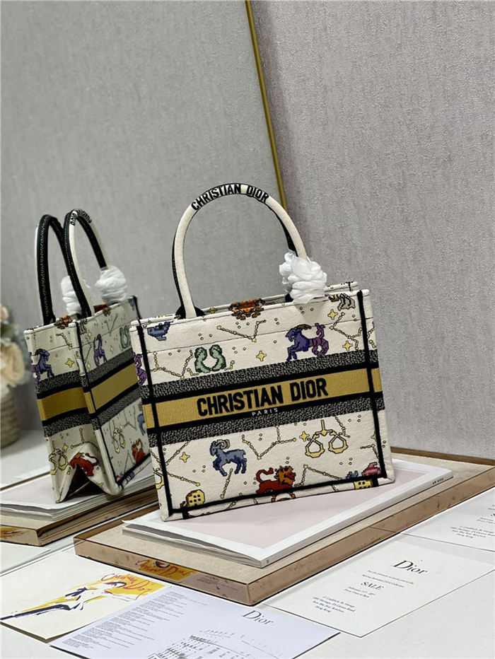 SMALL Dior BOOK TOTE Dior Pixel Zodiac Embroidery White High