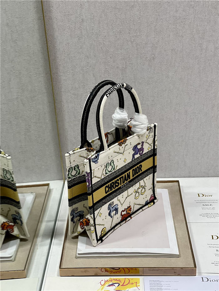 SMALL Dior BOOK TOTE Dior Pixel Zodiac Embroidery White High