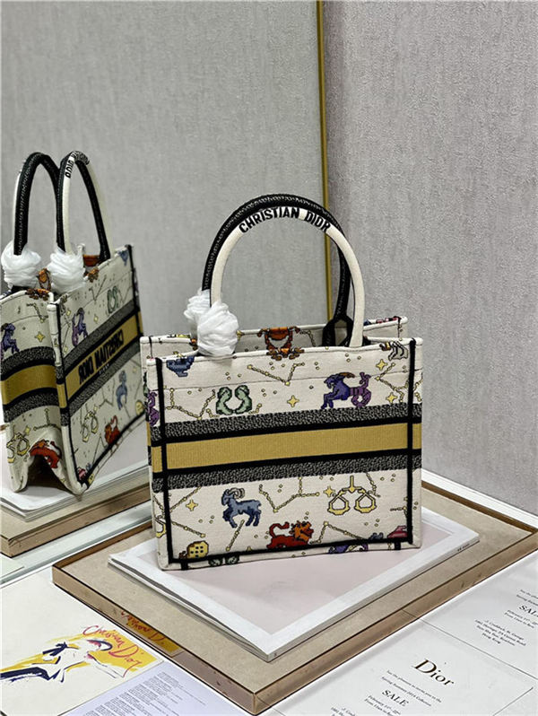 SMALL Dior BOOK TOTE Dior Pixel Zodiac Embroidery White High