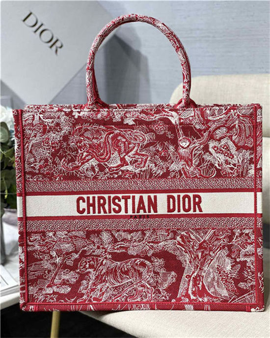 LARGE Dior BOOK TOTE Toile de Jouy Reverse Embroidery Red High