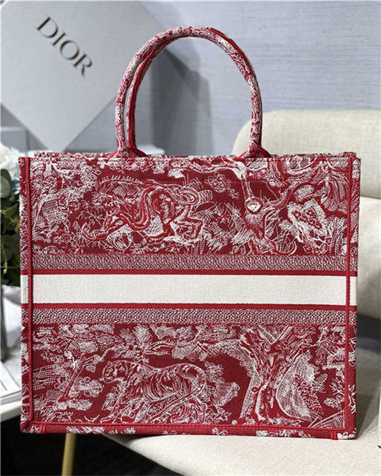 LARGE Dior BOOK TOTE Toile de Jouy Reverse Embroidery Red High