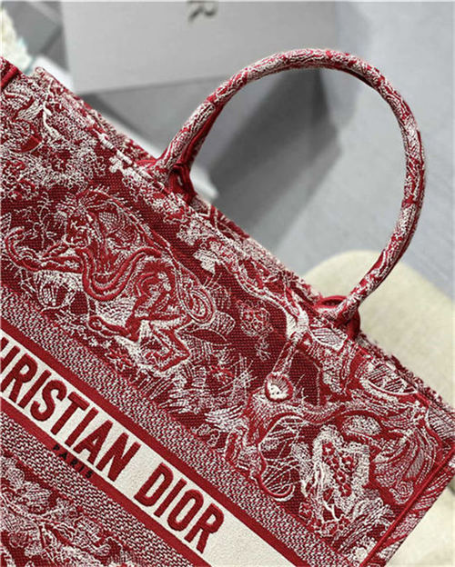 LARGE Dior BOOK TOTE Toile de Jouy Reverse Embroidery Red High