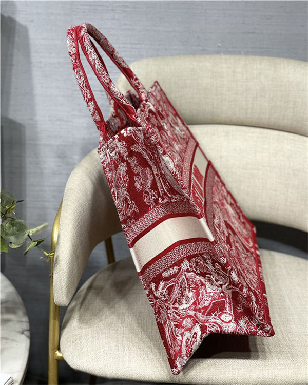 LARGE Dior BOOK TOTE Toile de Jouy Reverse Embroidery Red High