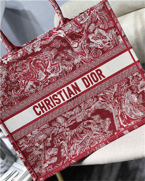 LARGE Dior BOOK TOTE Toile de Jouy Reverse Embroidery Red High