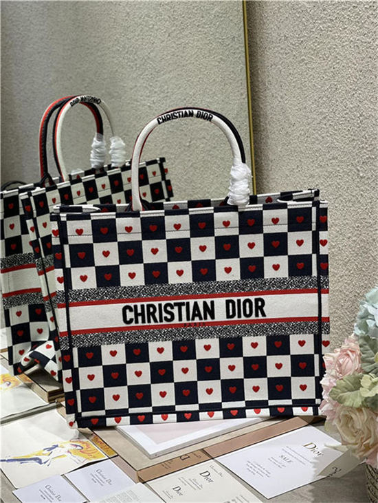 LARGE Dior BOOK TOTE Black, White and Red D-Chess Heart Embroidery High