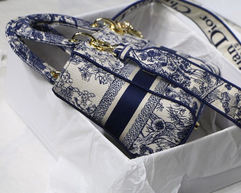 MEDIUM LADY D-LITE BAG Toile de Jouy Embroidery Blue High