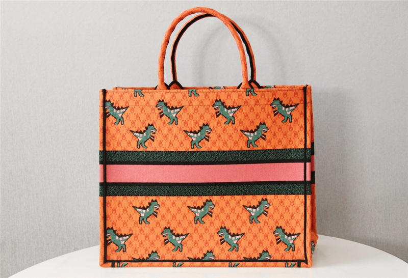 LARGE Dior BOOK TOTE Multicolor Dragon & Fire Embroidery Orange High