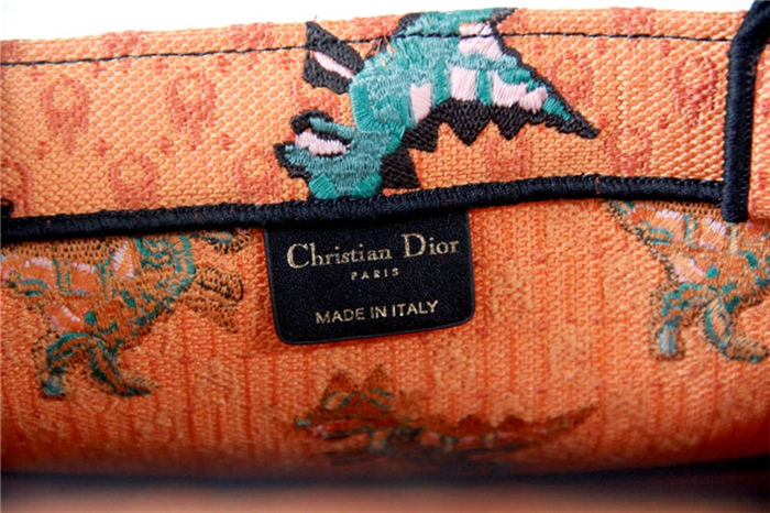 LARGE Dior BOOK TOTE Multicolor Dragon & Fire Embroidery Orange High