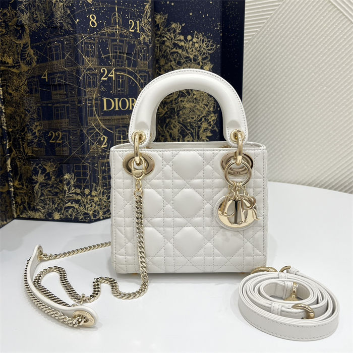 MINI LADY Dior BAG Cannage Lambskin Gold Metal White High