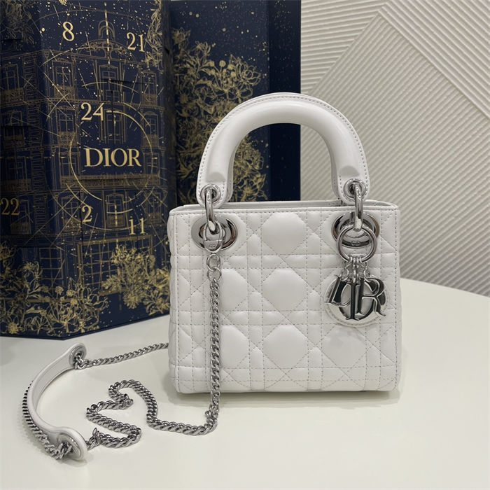 MINI LADY Dior BAG Cannage Lambskin Silver Metal White High