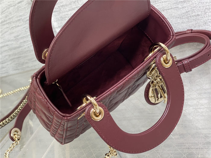 MINI LADY Dior BAG Cannage Lambskin Gold Metal Burgundy High