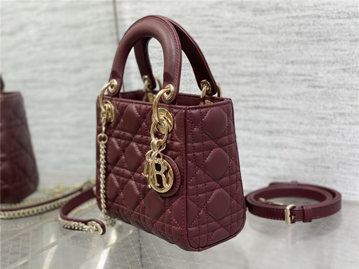 MINI LADY Dior BAG Cannage Lambskin Gold Metal Burgundy High