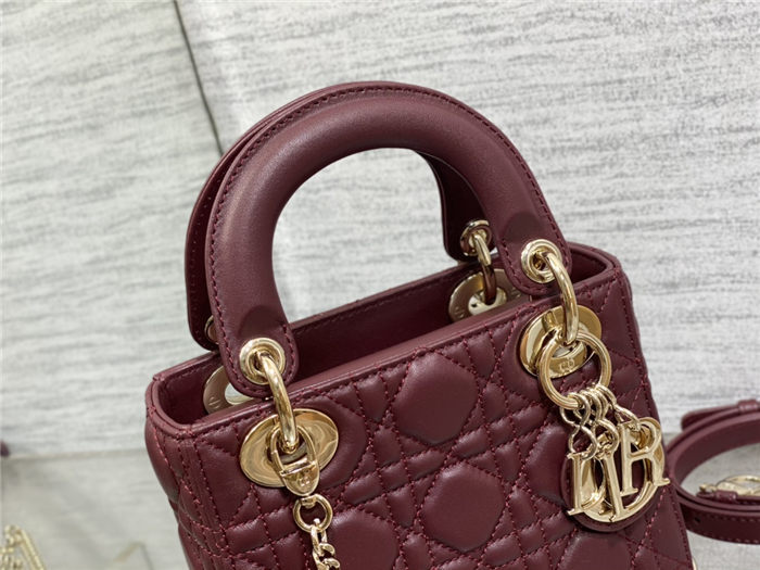 MINI LADY Dior BAG Cannage Lambskin Gold Metal Burgundy High