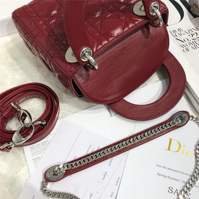 MINI LADY Dior BAG Cannage Lambskin Silver Metal Burgundy High