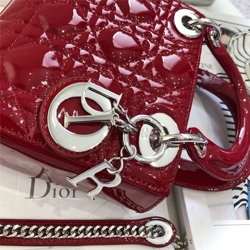 MINI LADY Dior BAG Patent Cannage Calfskin Silver Metal Red High