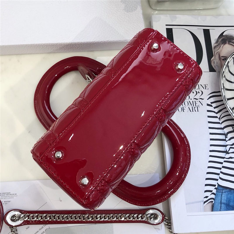 MINI LADY Dior BAG Patent Cannage Calfskin Silver Metal Red High