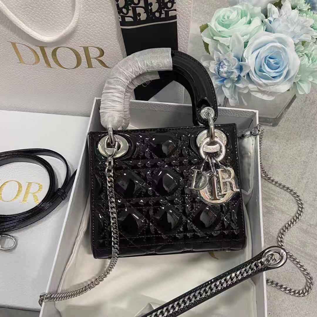 MINI LADY Dior BAG Patent Cannage Calfskin Silver Metal Black High