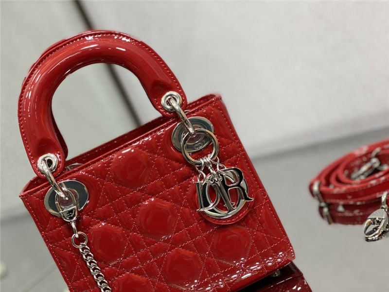 MINI LADY Dior BAG Patent Cannage Calfskin Silver Metal Cherry High