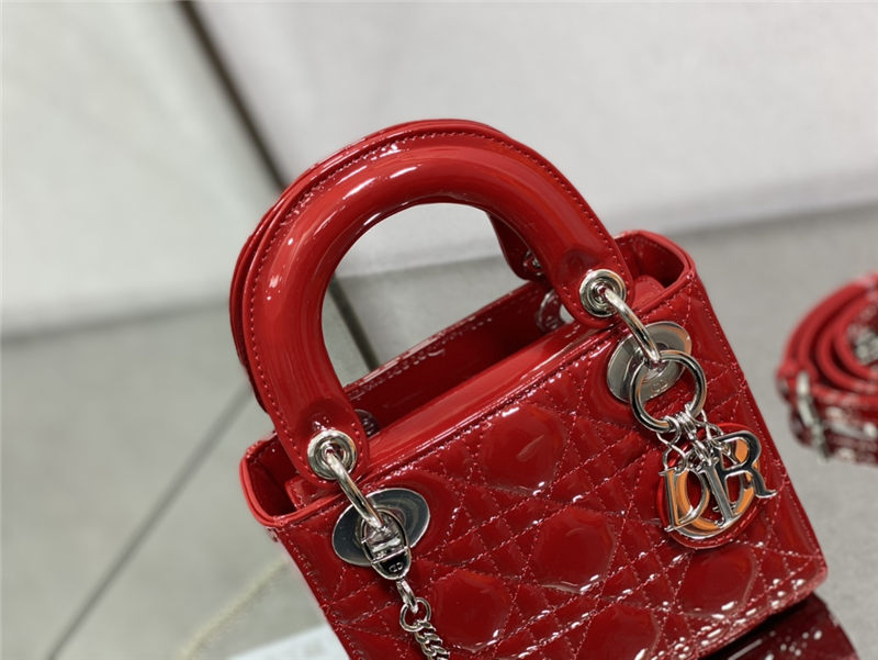 MINI LADY Dior BAG Patent Cannage Calfskin Silver Metal Cherry High