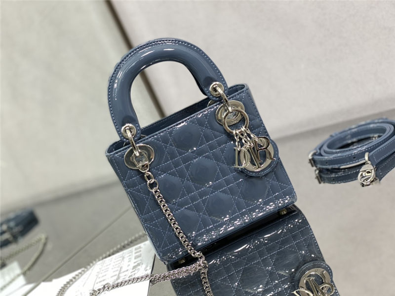 MINI LADY Dior BAG Patent Cannage Calfskin Silver Metal Blue High