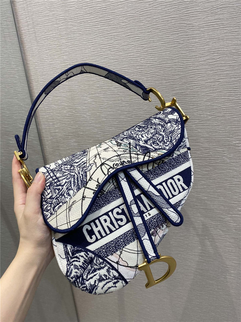 SADDLE BAG Dior Around The World Embroidered Canvas Blue High