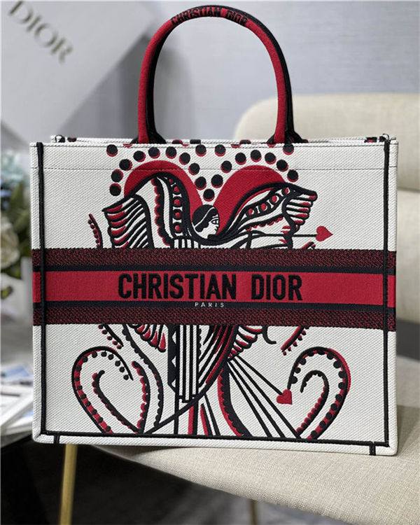 LARGE Dior BOOK TOTE Multicolor Cupidon Embroidery Latte High