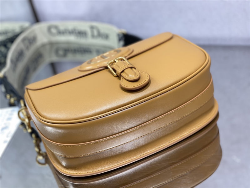 LARGE Dior BOBBY BAG Box Calfskin with Blue Dior Oblique Embroidered Strap Cognac-Colored High