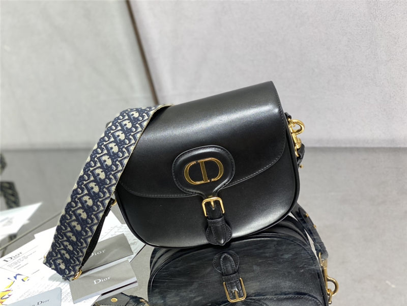 LARGE Dior BOBBY BAG Box Calfskin with Blue Dior Oblique Embroidered Strap Black High