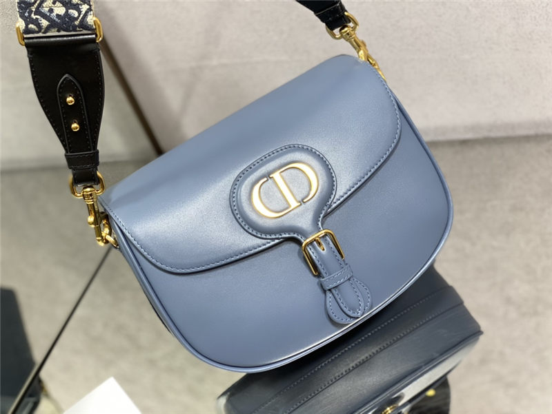 LARGE Dior BOBBY BAG Box Calfskin with Blue Dior Oblique Embroidered Strap Denim Blue High