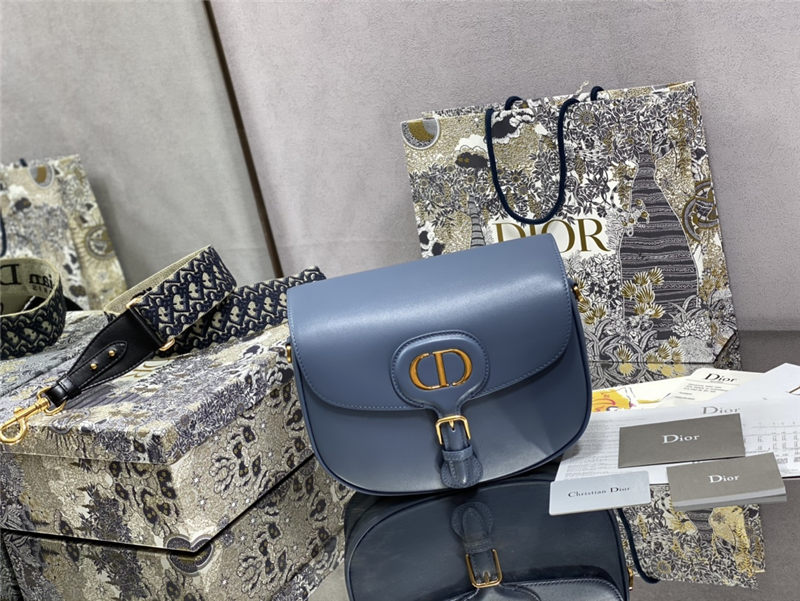 LARGE Dior BOBBY BAG Box Calfskin with Blue Dior Oblique Embroidered Strap Denim Blue High