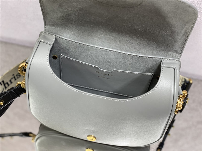 LARGE Dior BOBBY BAG Box Calfskin with Blue Dior Oblique Embroidered Strap Gray High