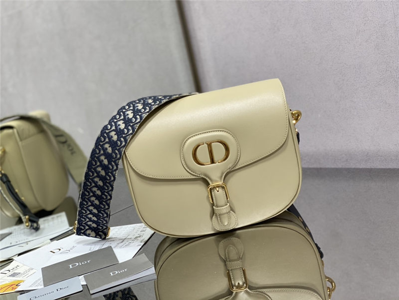 LARGE Dior BOBBY BAG Box Calfskin with Blue Dior Oblique Embroidered Strap Beige High