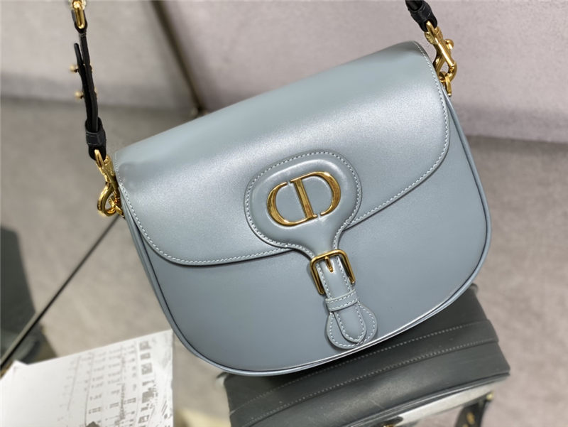 LARGE Dior BOBBY BAG Box Calfskin with Blue Dior Oblique Embroidered Strap Cloud Blue High