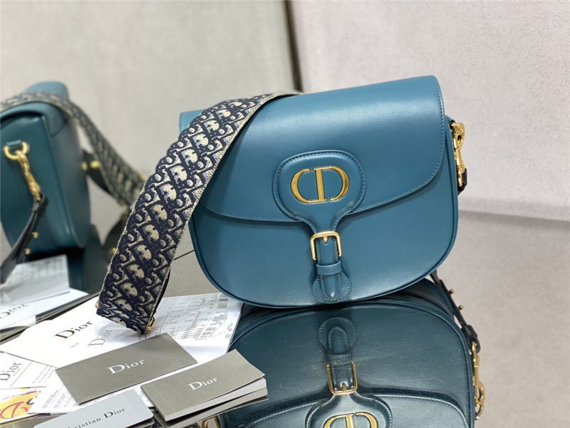 LARGE Dior BOBBY BAG Box Calfskin with Blue Dior Oblique Embroidered Strap Blue High