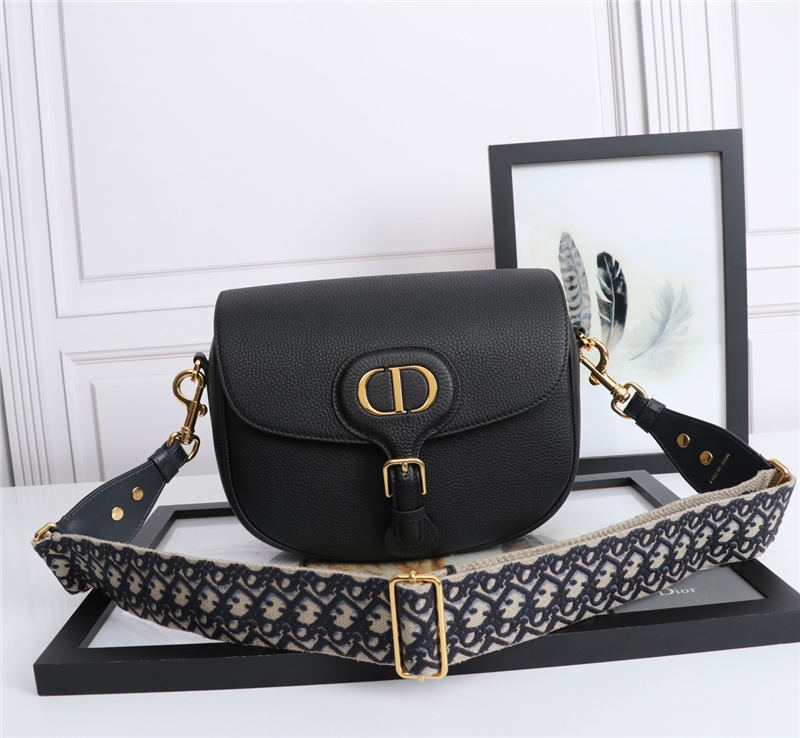 LARGE Dior BOBBY BAG Grained Calfskin with Blue Dior Oblique Embroidered Strap Black High