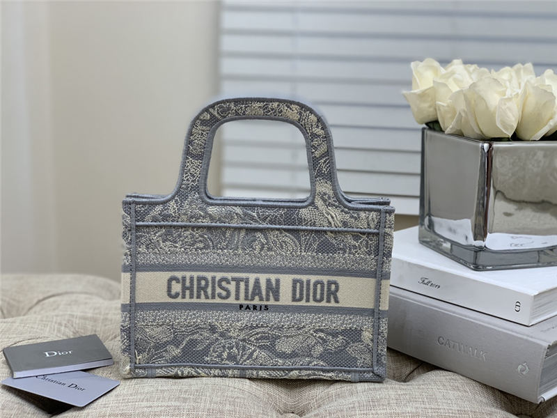 MINI Dior BOOK TOTE Toile de Jouy Embroidery Grey Reverse High