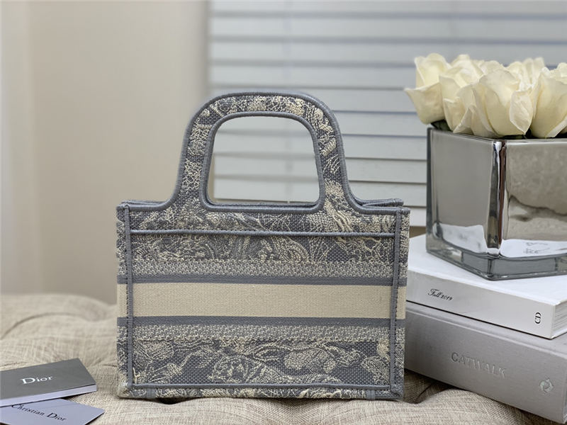 MINI Dior BOOK TOTE Toile de Jouy Embroidery Grey Reverse High